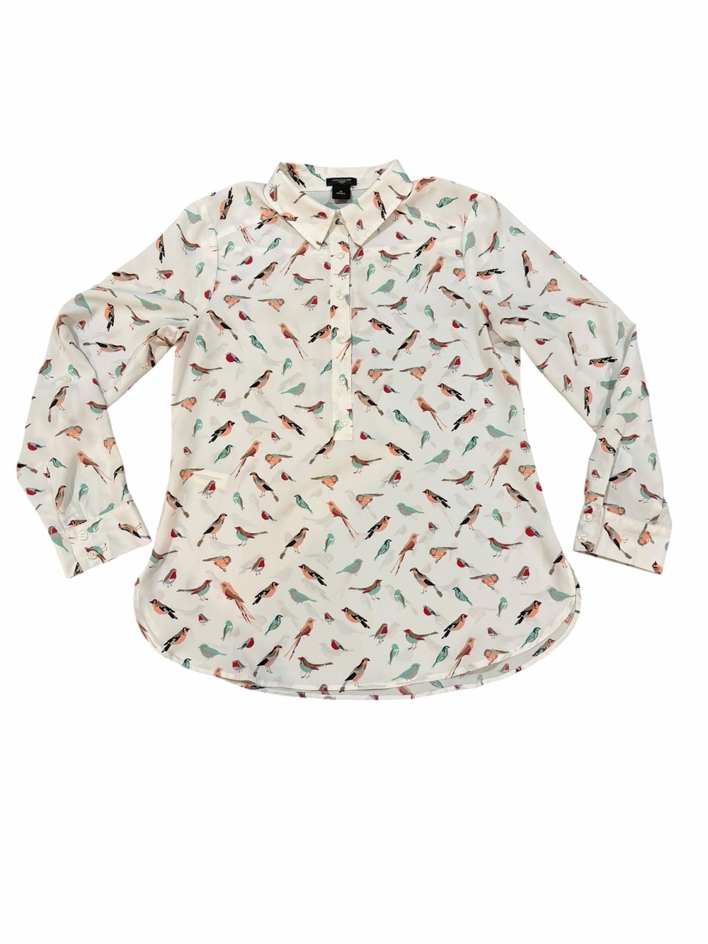 Ann Taylor Petite Bird Print Button Front Blouse Top Roll Tab‎ Sleeves SP